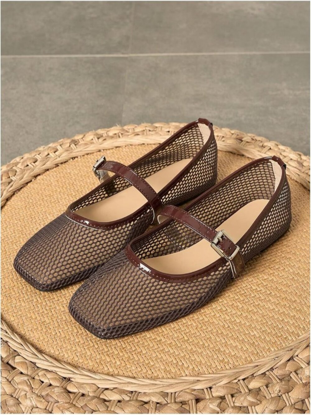 Women's Lace Mesh Ballet Flats Shoes Brown B Square Closed Toe Shoes Summer Flat - Picture 5 of 5